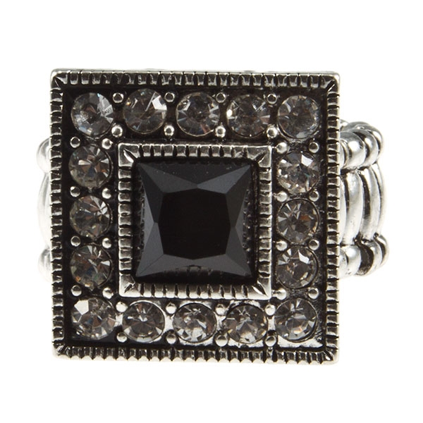 Wholesale silver stretch band ring black onyx cabochon center medallion crystal