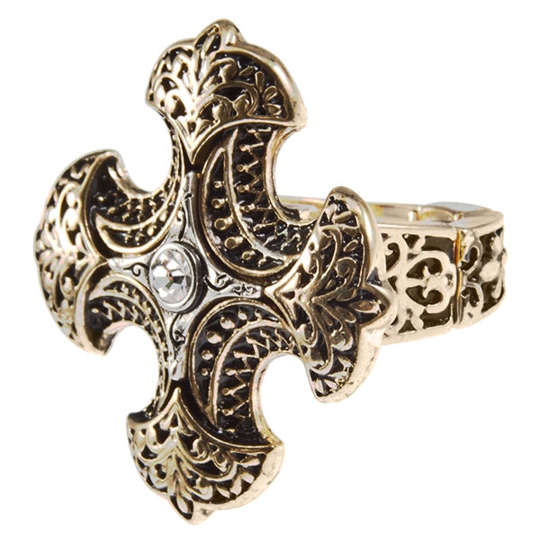 Wholesale gold adjustable band ring byzantine cross bas relief crystal rhineston