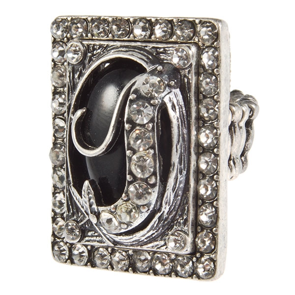 Wholesale adjustable band silver ring rectangular edged crystal rhinestones jet