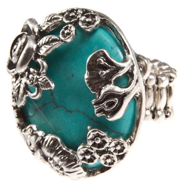 Wholesale silver stretch ring turquoise cabochon medallion under floral cut out