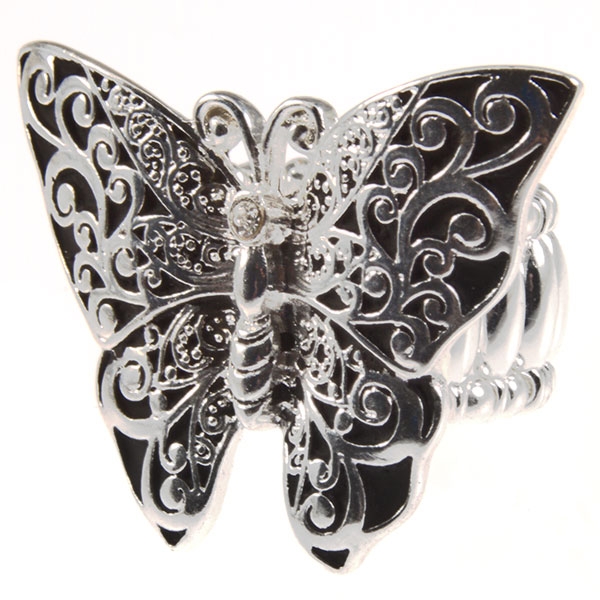 Wholesale silver stretch band ring butterfly filigree overlay black onyx