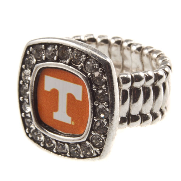 Wholesale university Tennessee silver stretch band ring crystal rhinestones surr