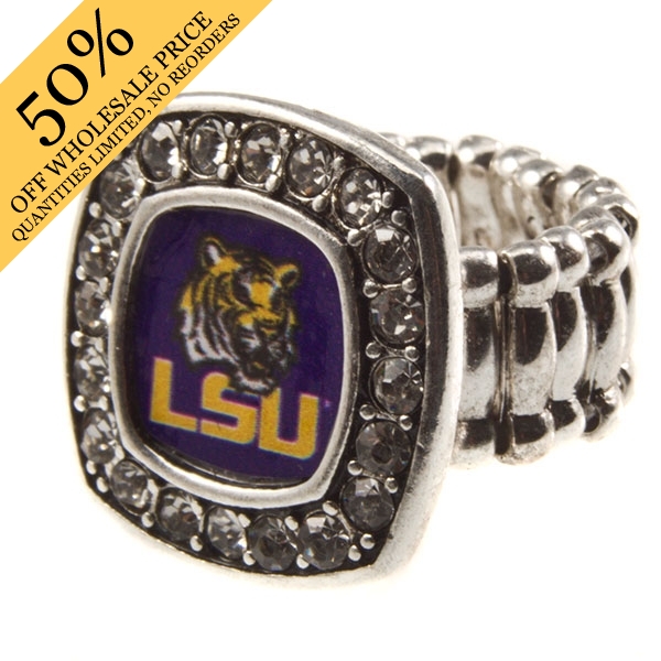 Wholesale lSU silver stretch band ring crystal rhinestones surrounding logo