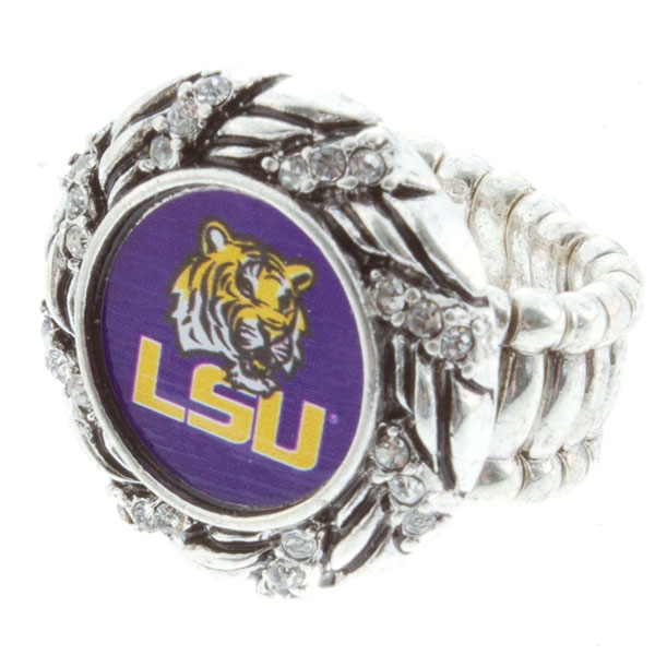 Wholesale silver toned stretch band ring licensed LSU logo center silver toned b