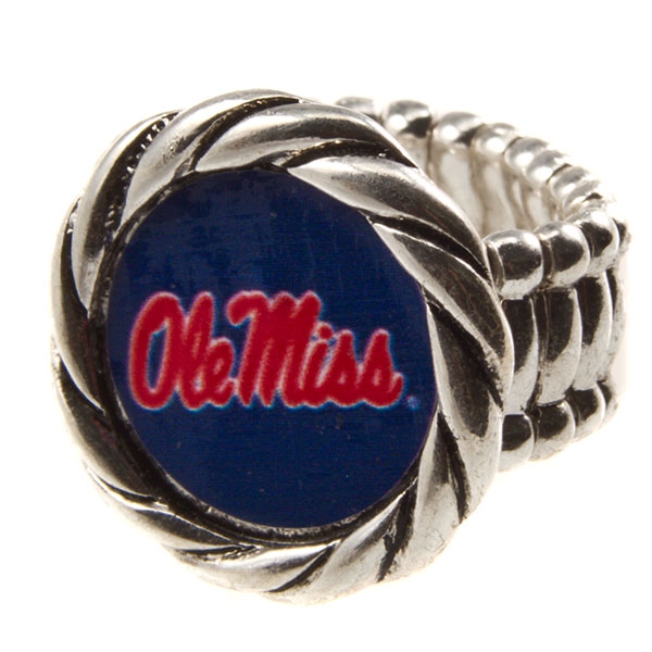 Wholesale ole Miss silver stretch band ring crystal rhinestones surrounding logo