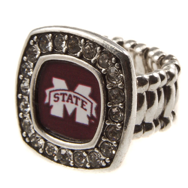Wholesale mississippi State silver stretch band ring crystal rhinestones surroun