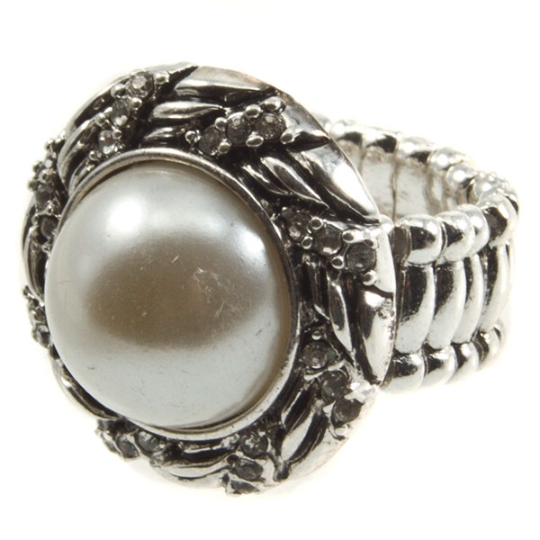 Wholesale silver stretch band ring pearl bead crystal rhinestones