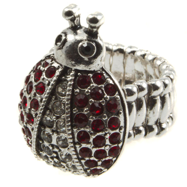 Wholesale silver stretch band ring ladybug crystal ruby rhinestones