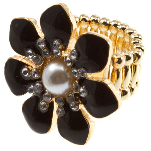 Wholesale gold stretch band ring floral black onyx petals rhinestones amber cent