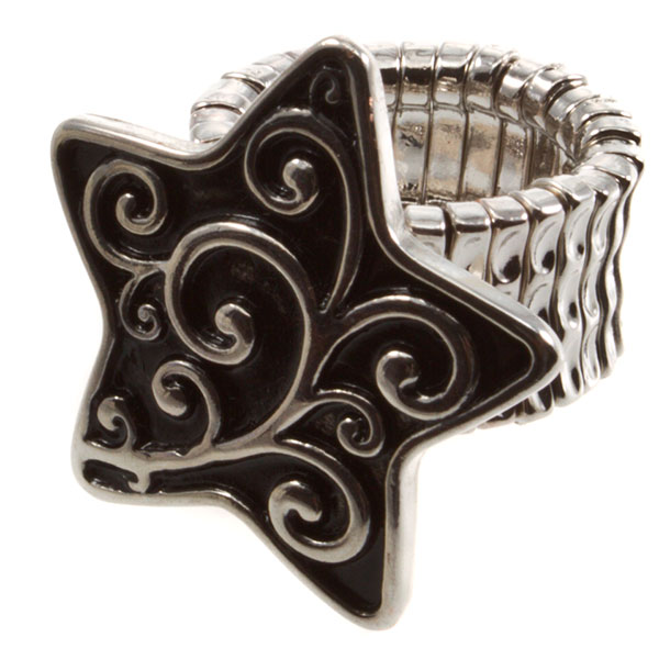 Wholesale silver stretch band ring black star motif fauna silver overlay