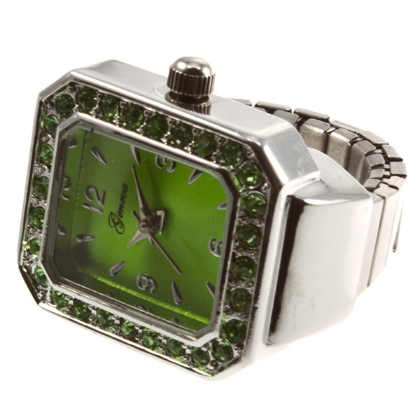 Wholesale silver stretch band ring watch smart sophisticated emerald rhinestones