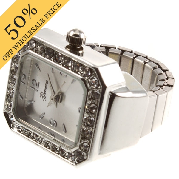 Wholesale silver stretch band ring watch smart sophisticated crystal rhinestones
