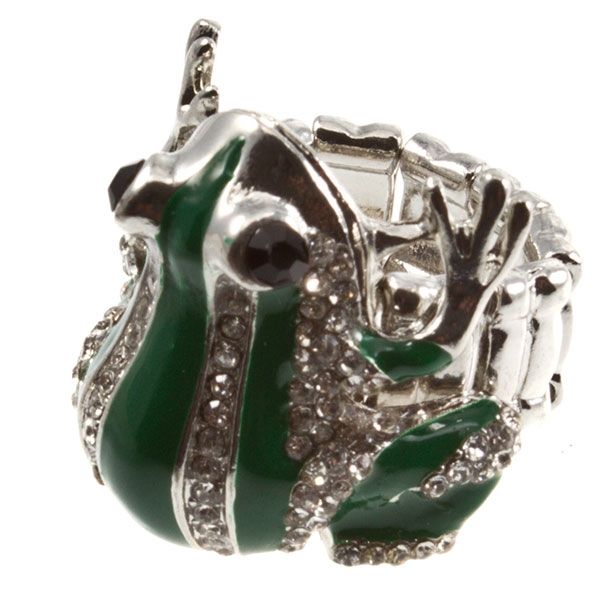 Wholesale silver stretch band ring striped green crystal rhinestone frog