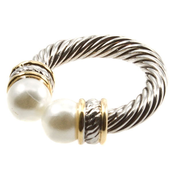 Wholesale silver adjustable band ring pearl beads gold accents