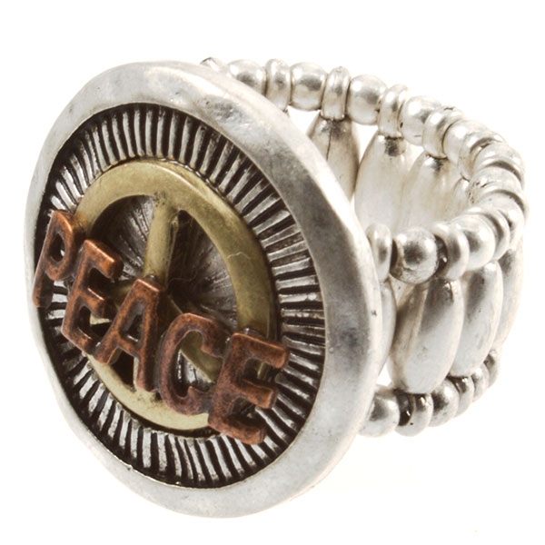 Wholesale stretch matte silver ring circle Peace embossed tri colors