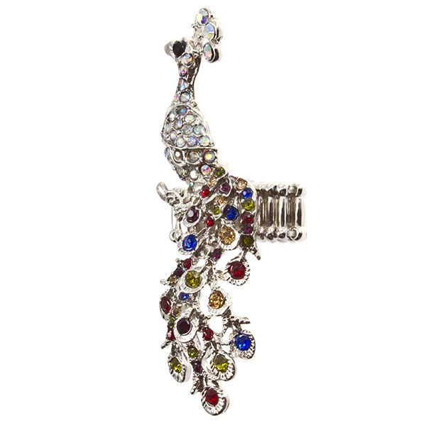 Wholesale silver stretch band ring ornate colorful peacock also crystal rhinesto