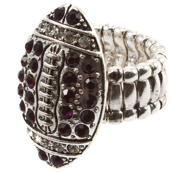 Wholesale silver stretch band ring football purple rhinestones