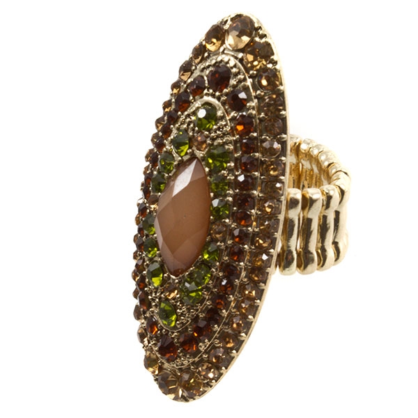 Wholesale gold toned stretch band ring topaz brown green rhinestones brown caboc