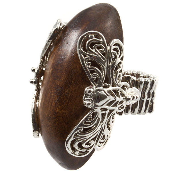 Wholesale silver toned stretch ring oval wood piece encased silver dragonfly