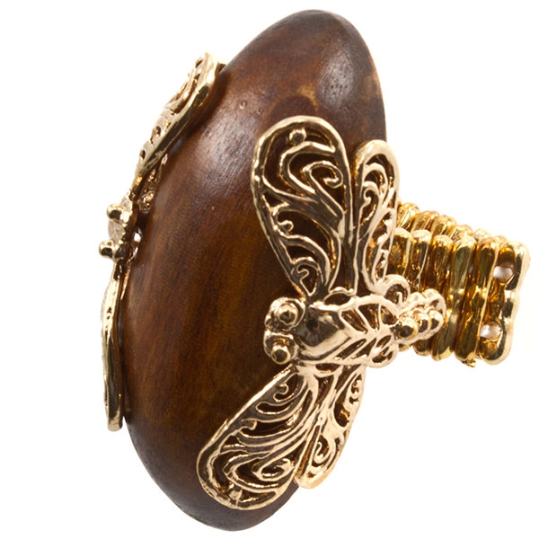 Wholesale gold toned stretch ring oval wood piece encased gold dragonfly
