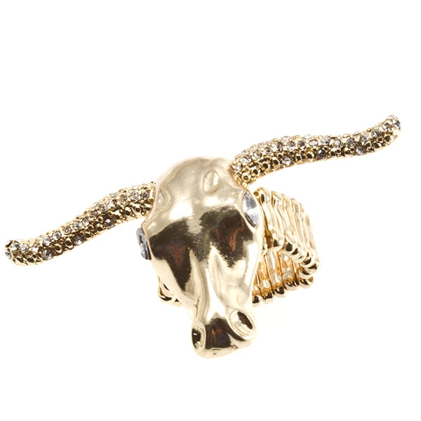 Wholesale polished gold stretch ring bull clear crystal rhinestones accenting ho
