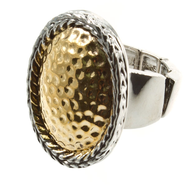 Wholesale silver toned stretch band ring hammered textured gold toned center