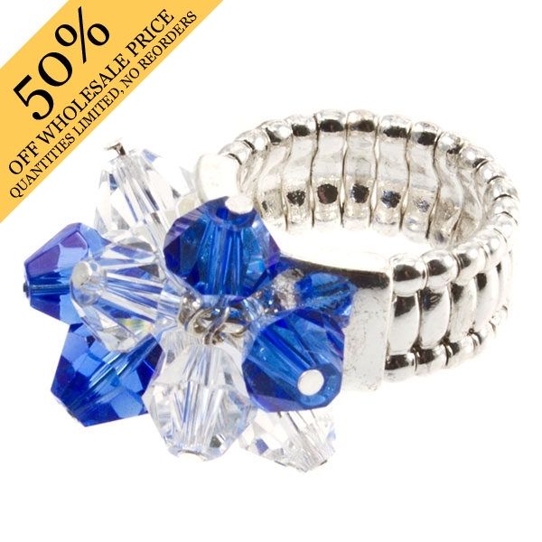 Wholesale silver stretch band ring blue clear faceted beads