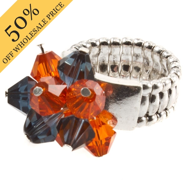 Wholesale silver stretch band ring orange navy blue faceted beads