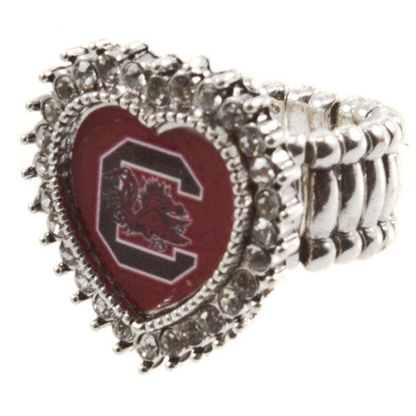 Wholesale silver toned stretch band ring crystal rhinestones surrounding heart S