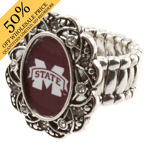 Wholesale silver toned stretch band ring crystal rhinestones surrounding Mississ