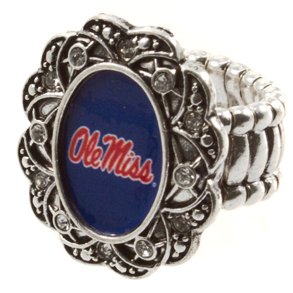 Wholesale silver toned stretch band ring crystal rhinestones surrounding Ole Mis