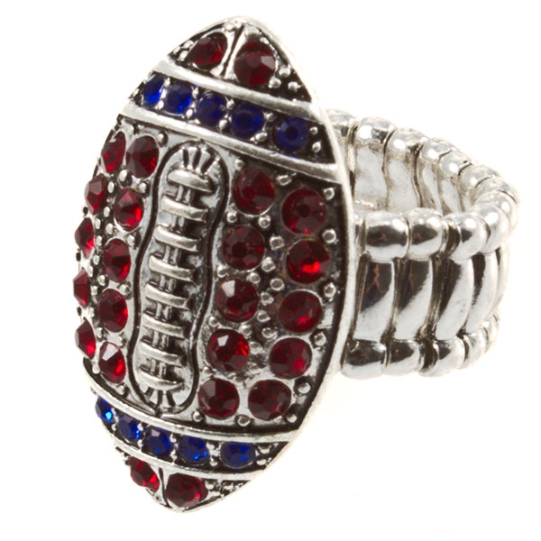 Wholesale silver toned stretch band ring football crimson blue rhinestones