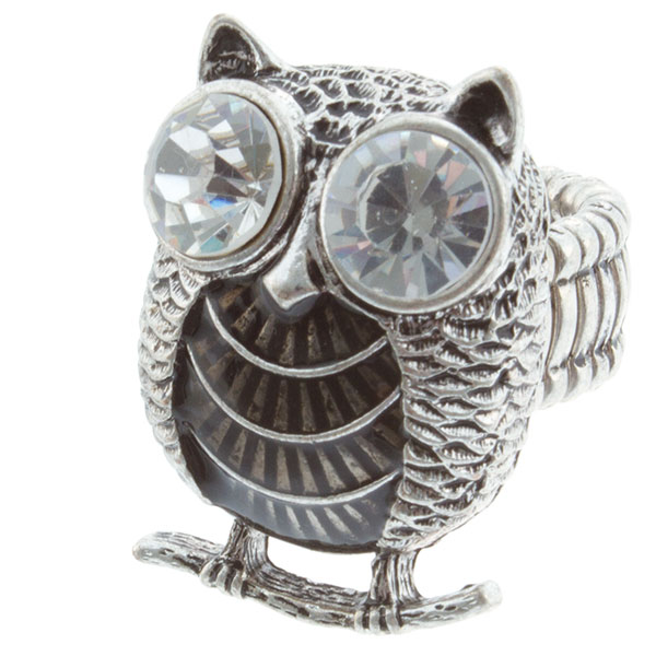 Wholesale silver toned stretch ring inch brushed silver black owl crystal rhines