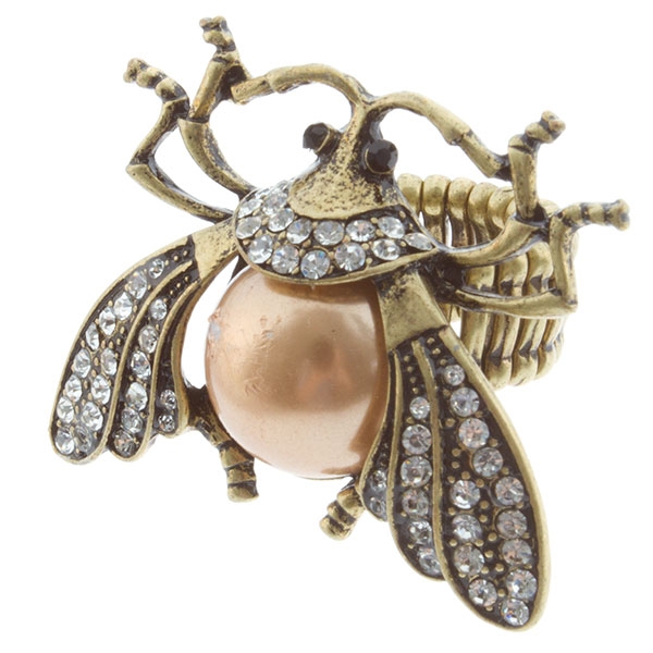 Wholesale gold toned stretch band ring inch insect rose colored pearl bead