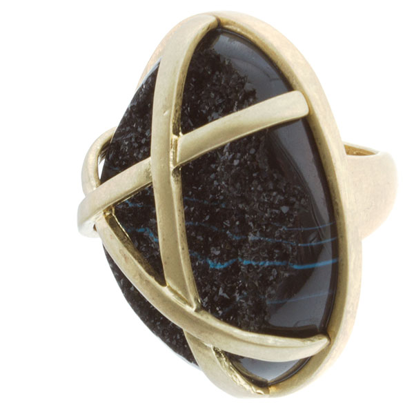 Wholesale matte gold stretch band ring jet stone under abstract matte gold