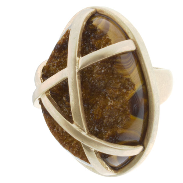 Wholesale matte gold stretch band ring brown stone under abstract matte gold