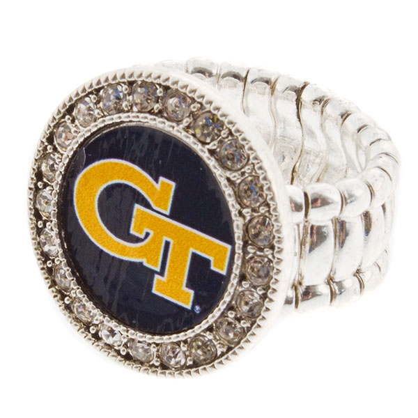 Wholesale silver stretch ring crystal rhinestones surrounding round Georgia Tech