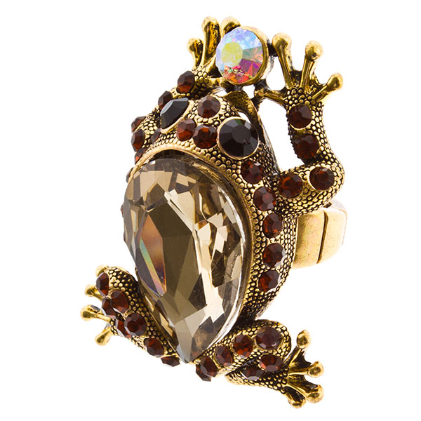 Wholesale gold stretch band frog ring amber jet rhinestones teardrop amber cryst