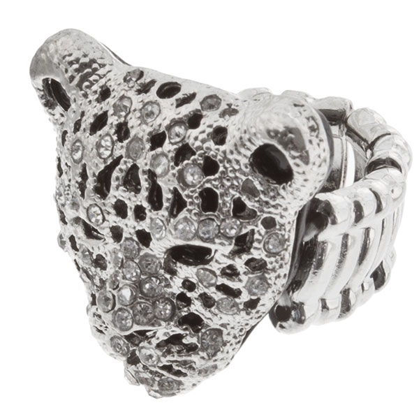 Wholesale silver stretch band ring hammered finish jaguar head covered crystal r