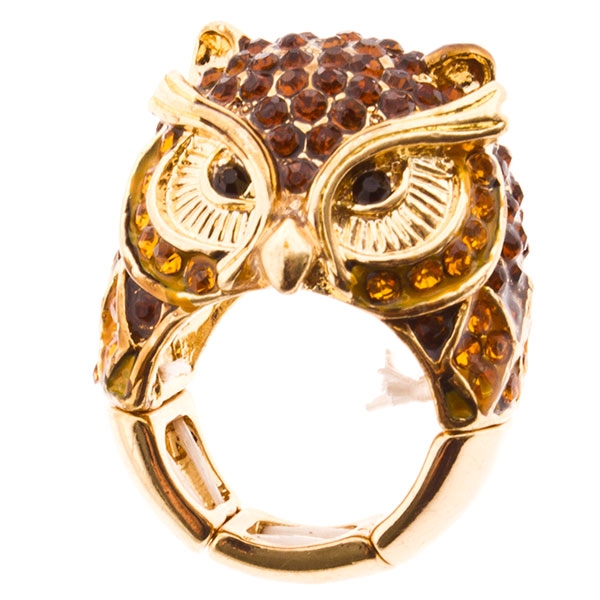 Wholesale gold stretch band ring owl amber rhinestones