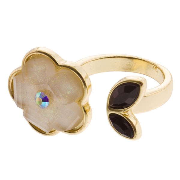 Wholesale unique gold ring ivory flower black onyx cabochon leaves