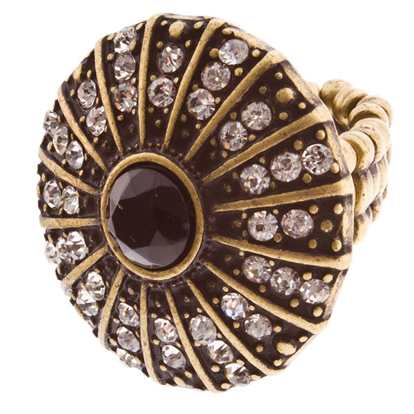 Wholesale gold stretch band ring medallion crystal rhinestones inset jet stone