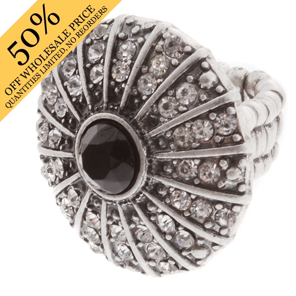Wholesale silver stretch band ring medallion crystal rhinestones inset jet stone