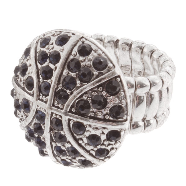 Wholesale silver toned stretch band ring basketball navy blue rhinestones