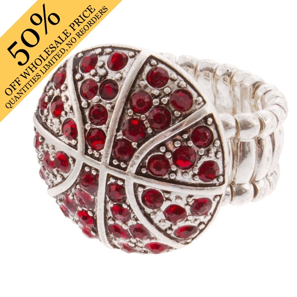 Wholesale silver toned stretch band ring basketball dark red rhinestones