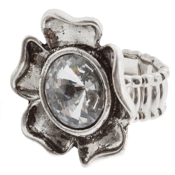 Wholesale silver stretch band ring floral inset crystal