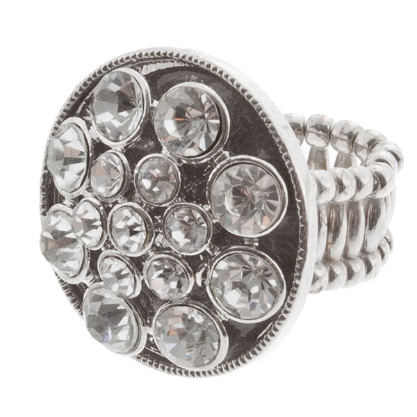 Wholesale silver stretch band ring round medallion raised cluster crystal rhines