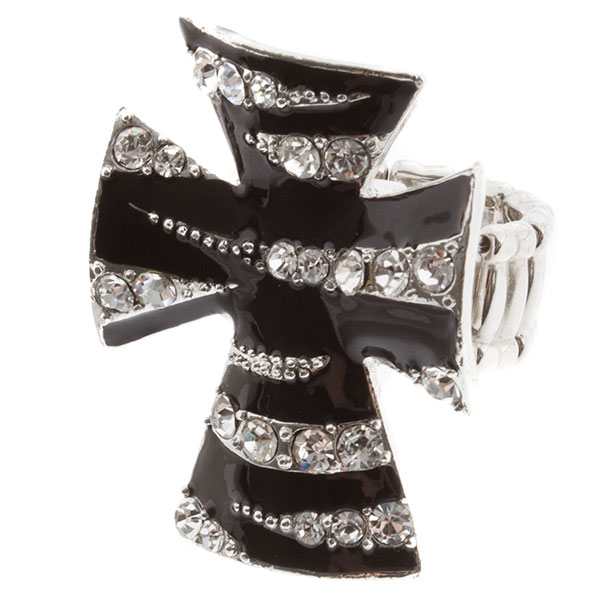 Wholesale silver stretch band ring black onyx overlay cross striped crystal rhin