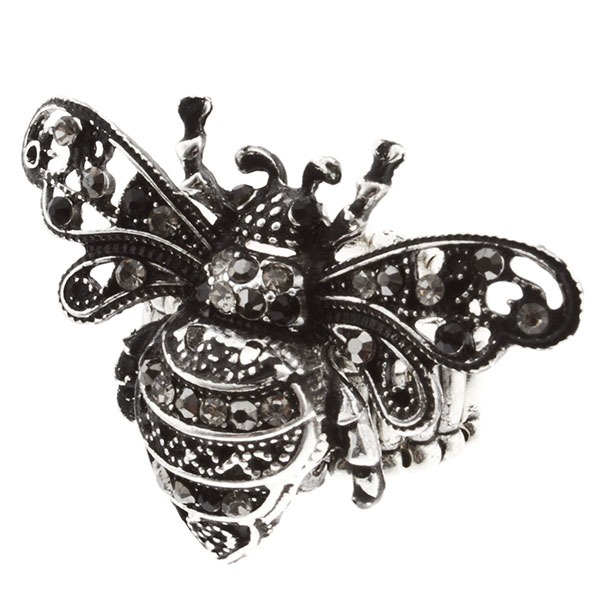 Wholesale silver stretch ring bumble bee covered jet crystal rhinestones filigre