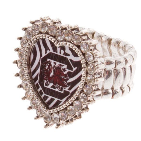 Wholesale silver toned stretch band ring crystal rhinestones surrounding heart S